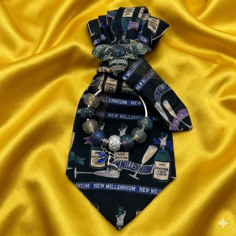 Handcrafted New Millennium Champagne Silk Tie Necklace & Beaded Bracelet Set